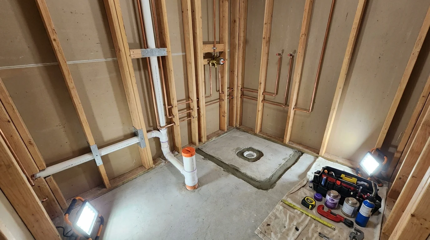 Bathroom rough-in plumbing during remodel by Johns Plumbing LLC in Pine Mountain