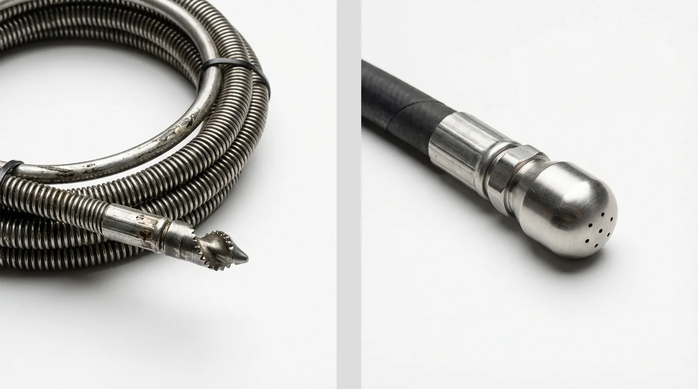Drain snake cable and hydro jetting nozzle used for drain cleaning in Pine Mountain, GA