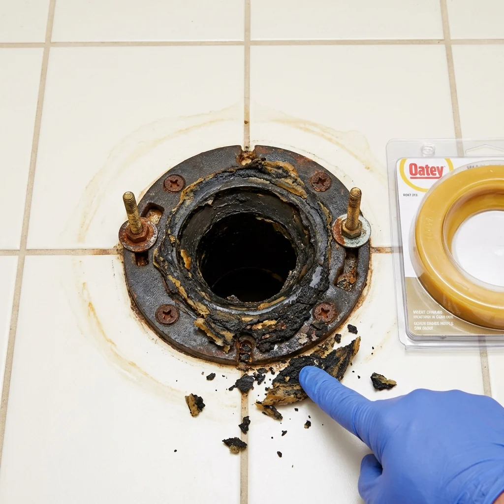 Failed wax ring showing water seepage at the base of a toilet in a Pine Mountain, GA home